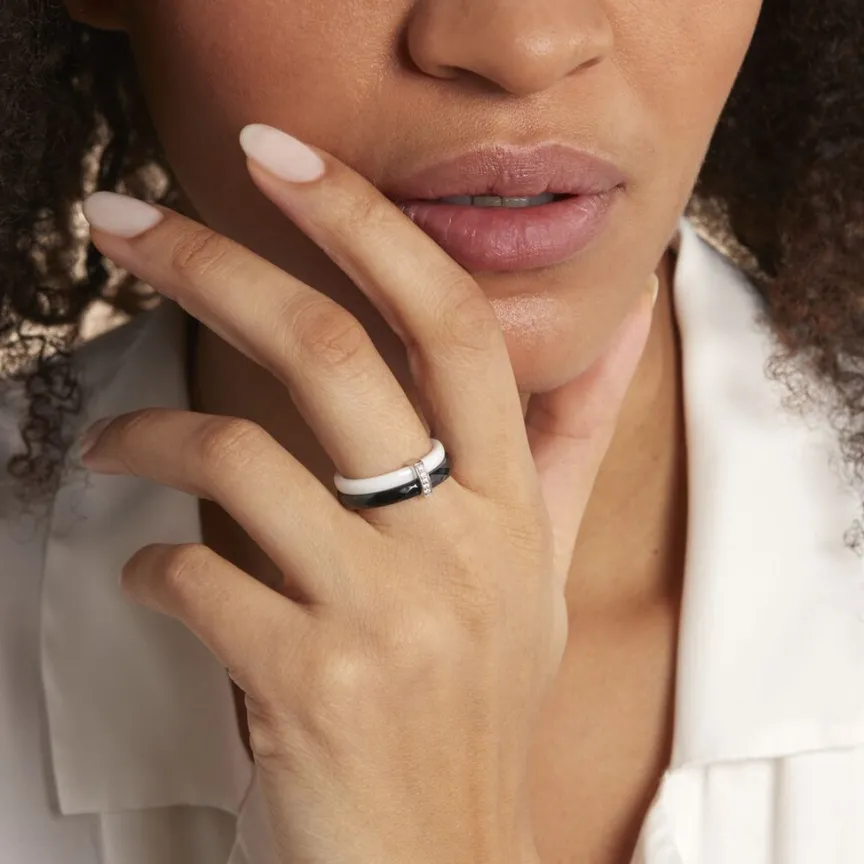 Bague Barette Bicolore Ceramique Argent Blanc Oxyde De Zirconium-Histoire d'Or