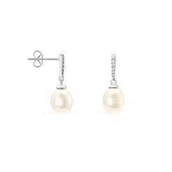 Boucles D'oreilles Pendantes Coria Argent  Perle De Culture Et Oxyde-Histoire d'Or New