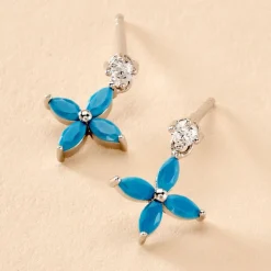 Boucles D'oreilles Puces Bluebirds Argent Blanc Turquoise Oxyde-Histoire d'Or Sale