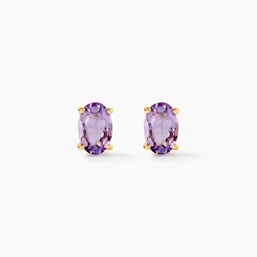 Boucles D'oreilles Puces Ovale Serti Griffe Or Jaune Amethyste-Histoire d'Or
