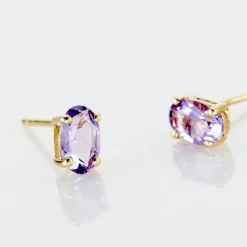 Boucles D'oreilles Puces Ovale Serti Griffe Or Jaune Amethyste-Histoire d'Or