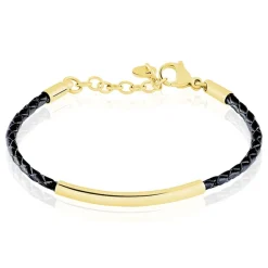 Histoire d'Or Bracelet Boshra Acier Dore Cuir Noir