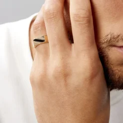 Histoire d'Or Chevalière Plaqué Or Jaune Barth Email Noir